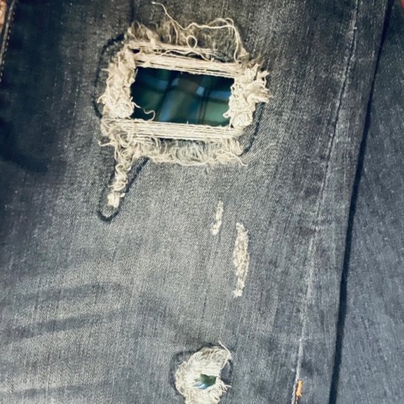 JUDY BLUE LOS ANGELES MID RISE BLUE FLANNEL PATCH STRETCH JEANS - Picture 6 of 10